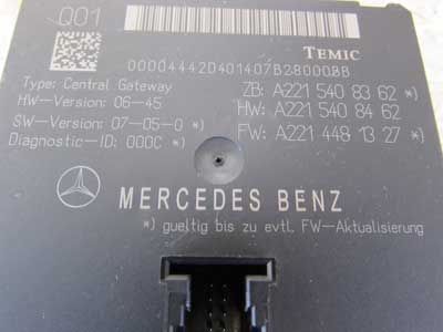 Mercedes Central Gateway Control Module Temic A2215408362 C216 W221 CL550 S5503